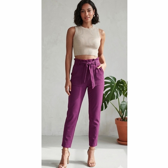 Pants - Tie Front Paperbag High Waist Tapered Trousers In Light Plum
